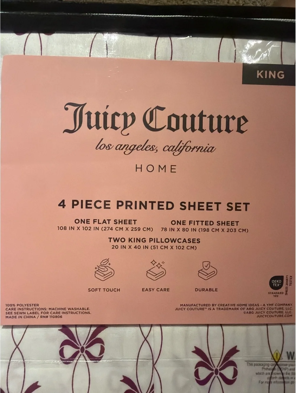 Juicy Couture King 4-Piece Printed Sheet Set – Bow Print – New